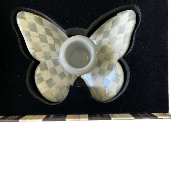 Brand New Mackenzie-Childs Sterling Check Butterfly Candle Holders Set of 2 - Picture 9 of 12